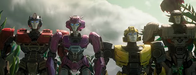 Orion, D-16, Elita-1 (Scarlett Johansson) and B-127, also known as Bumblebee (Key), are all seen checking out an 