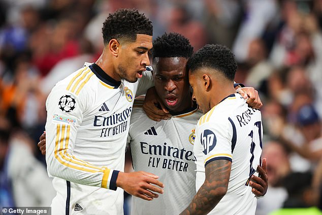 Mbappe will join a Madrid squad that already includes Jude Bellingham (left), Vinicius Junior (centre) and Rodrygo (right)