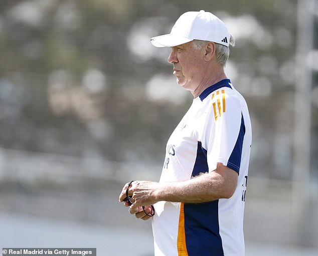 Ancelotti, 65, pictured overseeing a training session at Madrid's Valdebebas base last week