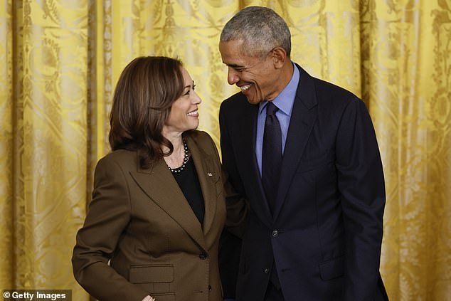 Vice President Kamala Harris (left) and former President Barack Obama (right) attend an event at the White House in April 2022 celebrating the Affordable Care Act, also known as 