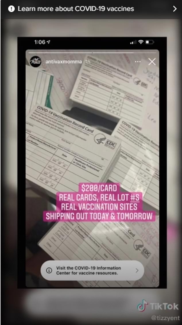 The image above shows a screenshot of the Instagram account 'AntiVaxMomma' offering fake COVID-19 vaccination cards for $200 each