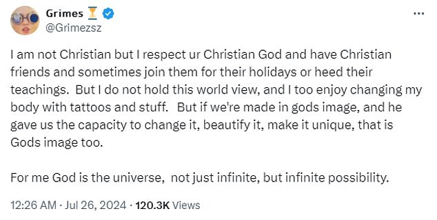 '[I]“If we are made in God’s image and He has given us the ability to change it, to beautify it, to make it unique, then that is also God’s image,” she said at one point. “For me, God is the universe, not just infinite, but infinite possibilities,” she concluded.