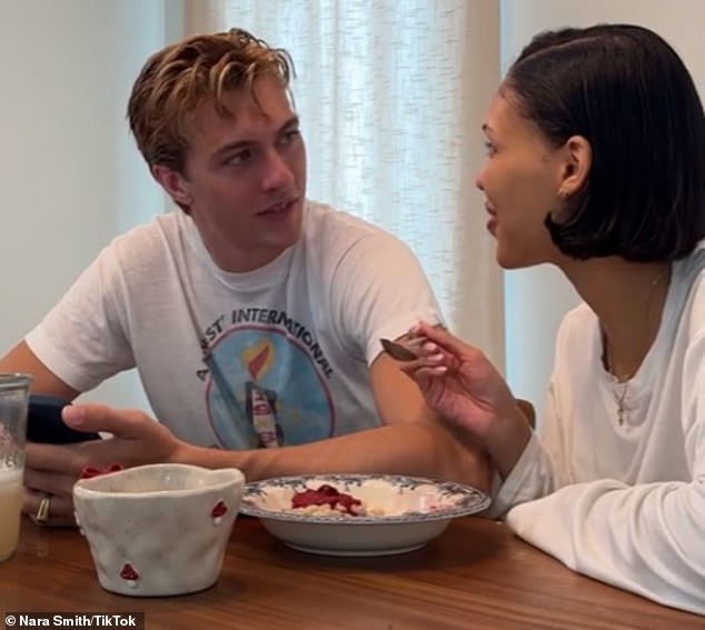 Later in the video, she enjoys breakfast with her husband, model Lucky Blue Smith, 26, as they 