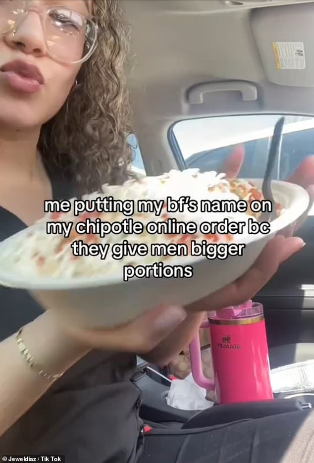 Jewel Diaz, whose TikTok handle is @jeweldiaz, posted a video on April 8 showing off her large bowl of Chipotle food while sitting in her car