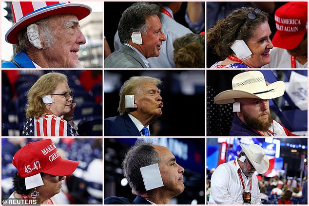 A composite image shows Republican presidential candidate and former US President Donald Trump with a bandage over his ear after being injured in an assassination attempt, and supporters and attendees wearing bandages over their ears in tribute to Trump during the Republican National Convention.