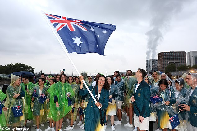 However, the Australian team (pictured before the ceremony) is the third-to-last team to arrive on the River Seine, as Brisbane will host the Games in 2032.