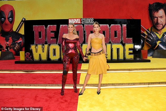 The actress, 36, wore a Deadpool-inspired look for the premiere, while Gigi, 29, wore a Wolverine-inspired outfit