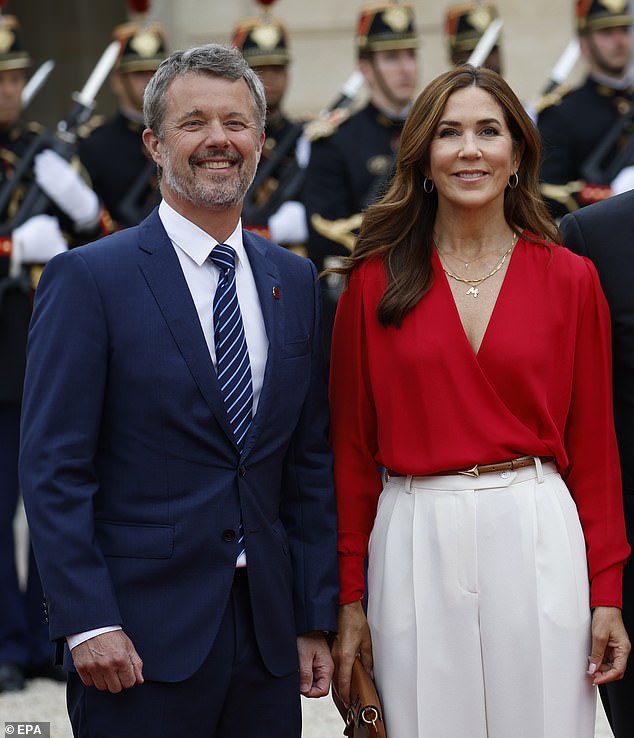 Queen Mary of Denmark led the way in a striking crimson dress, while she put on a chic display in a white dress and red jacket, while her husband opted for a navy suit.