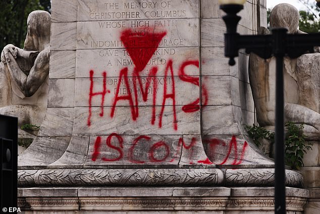 Some protesters wrote messages of support for the terrorist group Hamas on public monuments