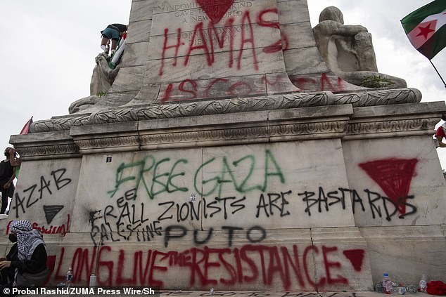 'Hamas is coming' is written in red on the Columbus Fountain