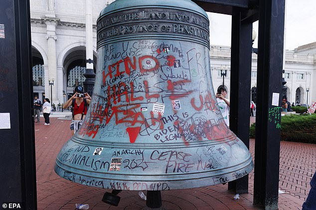 Graffiti at Union Station during a demonstration against Israeli operations in Gaza