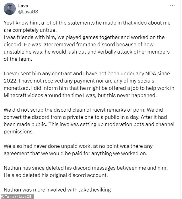 Lava had previously refuted Nathan's claims that the server had been cleaned up