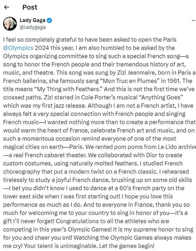 The House of Gucci star also used her social media post to reveal that she studied French choreography for the performance and how much of it was inspired by the country's theatre scene.