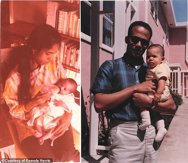 Kamala seen in the arms of her parents Shyamala and Donald when she was a baby