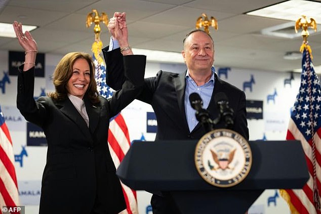 Vice President Kamala Harris and Second Income Doug Emhoff are seen at her campaign headquarters in Wilmington, Delaware on Monday