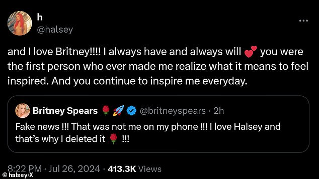 In response, the mother of one cleared the air, typing on X (formerly known as Twitter): “and I love Britney!!!!”