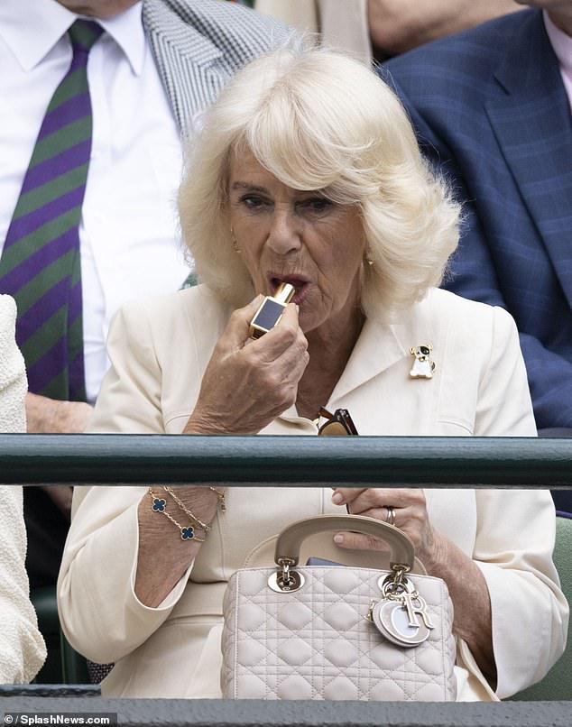 During the 2024 Wimbledon Championships, Queen Camilla was spotted applying a Tom Ford Lip Colour from the Royal Box at centre court