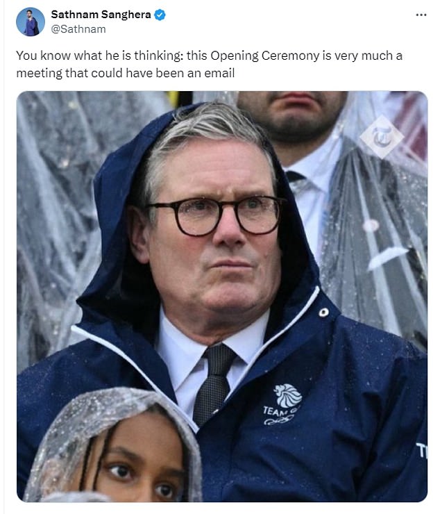 An X user shared a photo of the stern-looking British Prime Minister and wrote: 'You know what he's thinking: this opening ceremony is like a meeting that could have been over email'