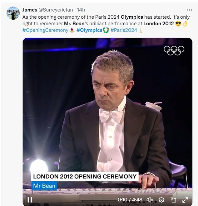 Many people shared footage of the 2012 ceremony in London for comparison - where Rowan Atkinson played a single note on a keyboard in character as the iconic Mr Bean