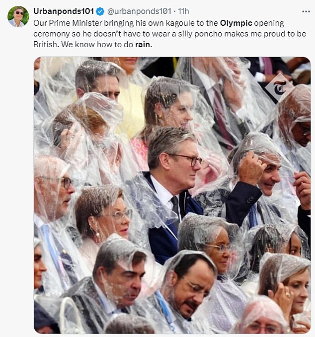 While many in the stands opted to wear a poncho, Sir Keir was pictured amid the sea of ​​plastic coverings as he steadfastly refused to wear such a garment