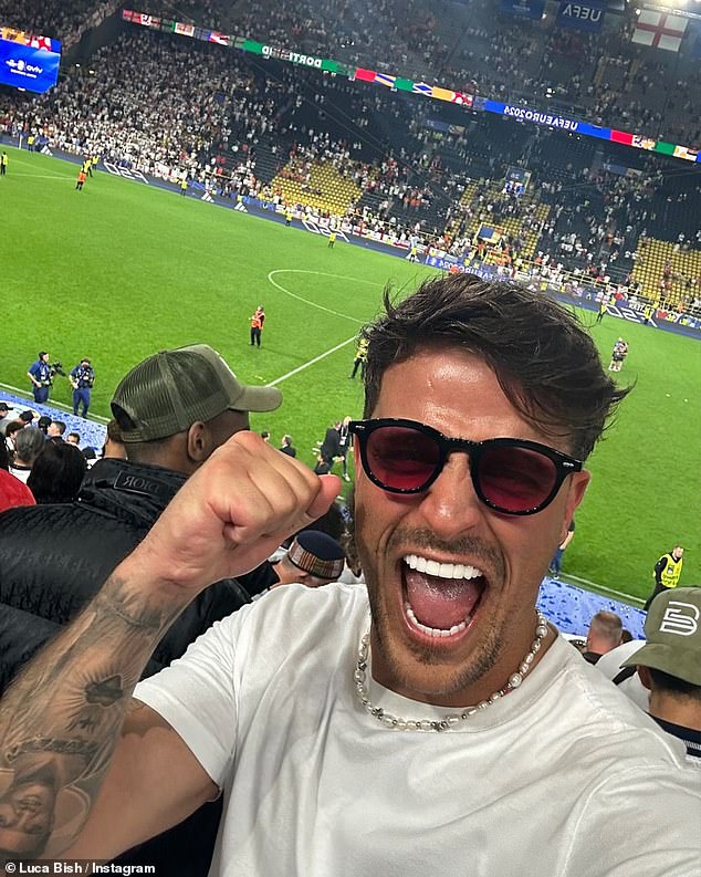 In one photo, Luca looked relaxed on a private jet, while in another selfie the former Islander looked excited as he prepared to watch an England match.