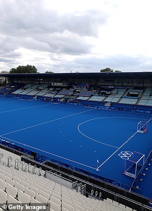 Stade Yves-du-Manoir decorated with 2024 Olympic branding for hockey events