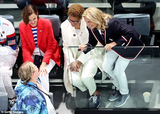 The First Lady watched the U.S. men's gymnastics team with Los Angeles Mayor Karen Bass (center) and Denise Campbell Bauer, U.S. Ambassador to France