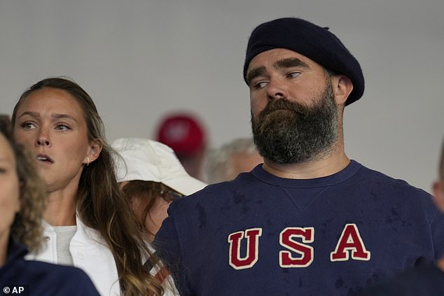 Kelce wore a blue beret to match his 'USA' T-shirt as he continues to enjoy his retirement