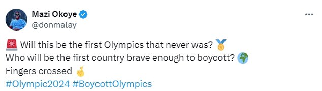 Dozens of X users joined the group, with one commenting: 'The opening ceremony was a disgrace and a slap in the face to all Christians #boycottOlympics'