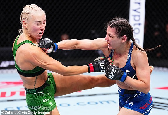 MANCHESTER, ENGLAND - JULY 27: (RL) Alice Ardelean of Romania defeats Shauna Bannon of Ireland in a strawweight bout during the UFC 304 event at Co-op Live on July 27, 2024 in Manchester, England. (Photo by Chris Unger/Zuffa LLC via Getty Images)