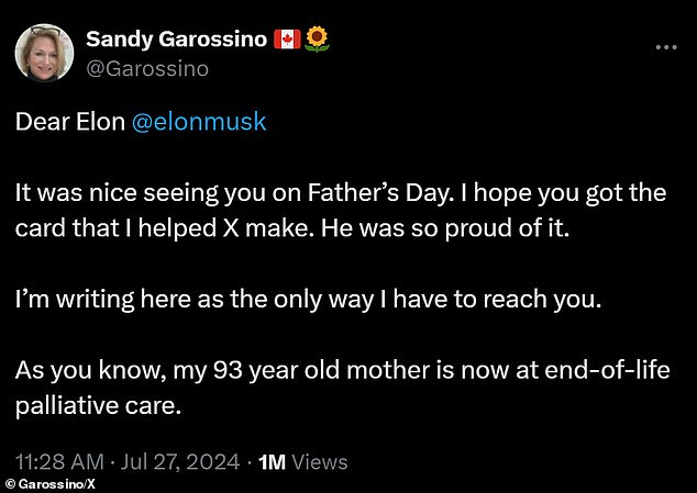 Garossino went to X to publicly plead with Musk on behalf of her mother, who she said 