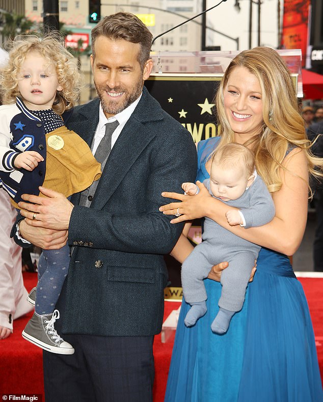 Ryan and Blake are parents to daughters James, nine, Inez, seven, and Betty, four; pictured with James and Inez on December 15, 2016 at his Hollywood Walk of Fame induction ceremony