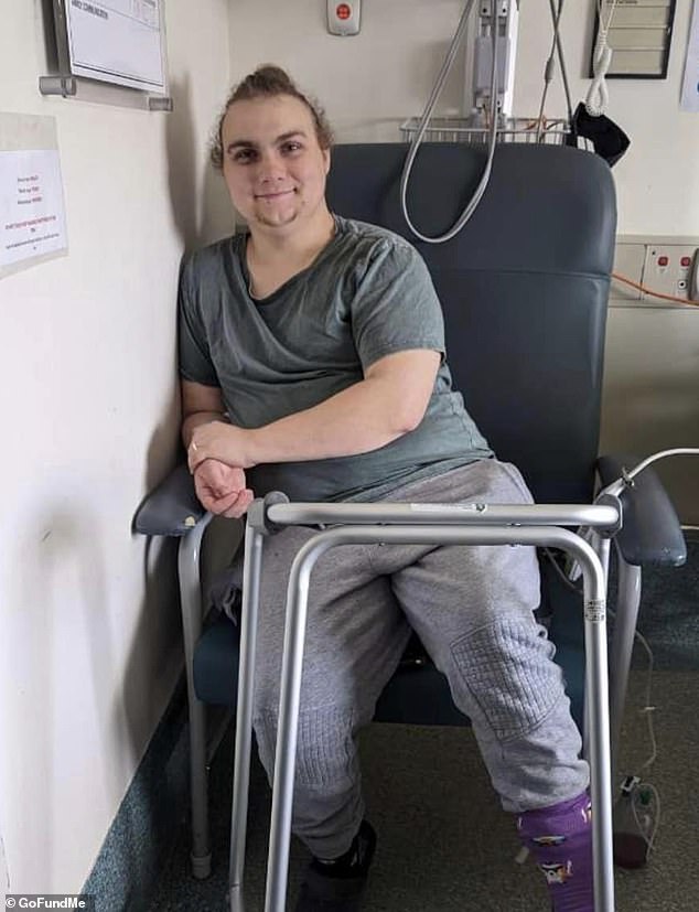 The young printer (pictured) was diagnosed with a rare form of cancer, had to undergo an eight-hour operation and then had to learn to walk again