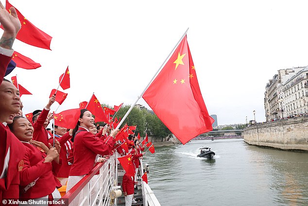 Members of the Chinese delegation are seen during the opening ceremony of the Paris 2024 Olympic Games in Paris