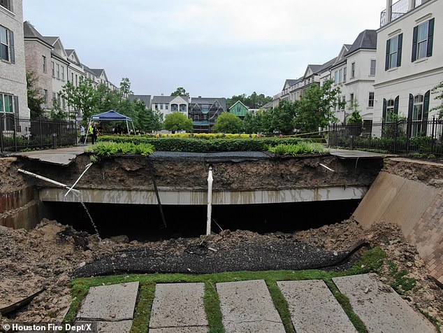 The Houston Fire Department reported that a water reservoir suffered a catastrophic failure after a massive amount of rainfall in the area