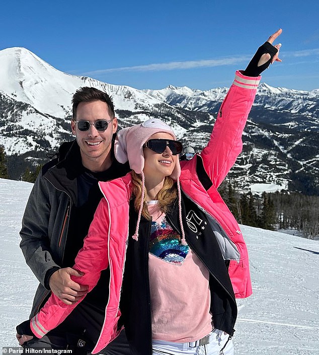 Paris Hilton and her husband, Carter Reum, enjoy the ski slopes of Montana after joining the Yellowstone Club