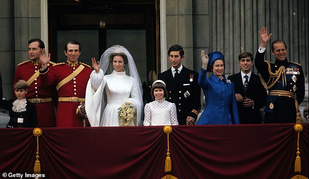 Captain Mark Phillips pictured with Princess Anne on the balcony of Buckingham Palace on their wedding day in 1973