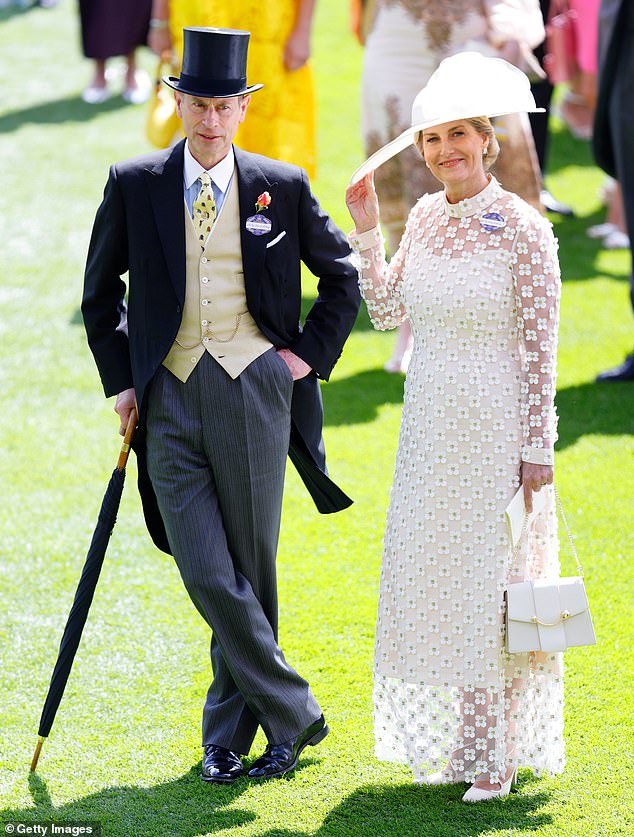 Sophie, Duchess of Edinburgh celebrated her wedding anniversary at Ascot and held this white Strathberry handbag to match her outfit