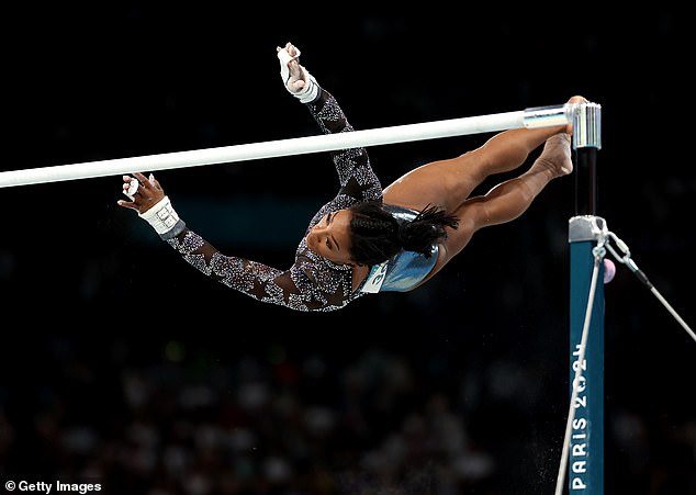 The 27-year-old gymnastics icon Biles also competed in the uneven bars on Sunday