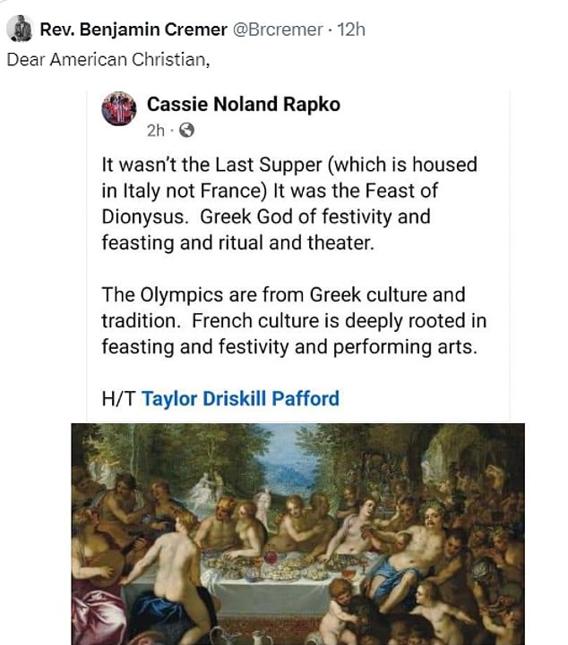 It has since come to light that the opening ceremony likely referenced another artwork, the Feast of Dionysus, with prominent religious figures pointing out the error online