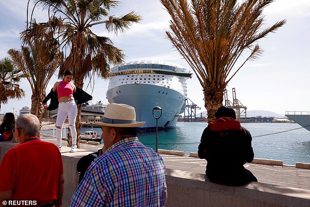 The cruise ship 'Wonder of the Seas' of the company Royal Caribbean, the largest cruise ship in the world, is docked in a port in Malaga, Spain