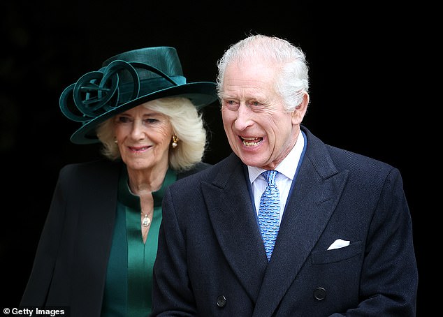 Pictured: King Charles smiles as he and Queen Camilla leave the Easter service at Windsor Castle on March 31