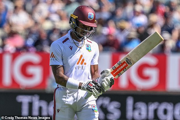 West Indies' Alick Athanaze leaves the field after being bowled out by Shoaib Bashir