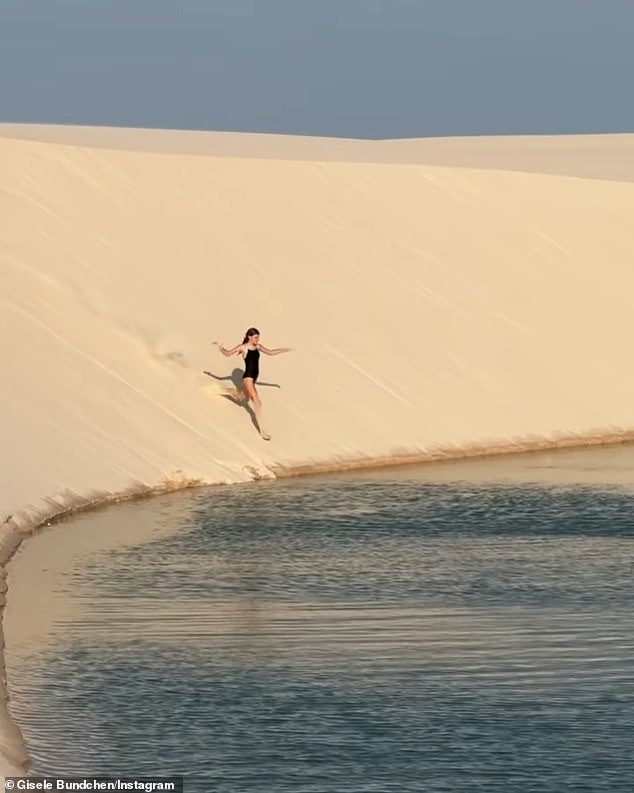 The CAA Fashion model shared a video of her 11-year-old mini-me running down one of the dunes and diving into a 3-meter deep lagoon, where temperatures are said to reach 27-32 degrees Celsius.