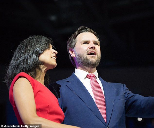 The junior senator from Ohio and his wife Usha Chilukuri Vance attend the Republican National Convention earlier this month. He took aim at Harris, Pete Buttigieg and AOC on his three-year-old comment