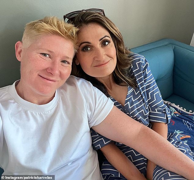 Ms Karvelas (pictured with her partner Peta Sirec) was attacked online late last year after saying in the early days of her career that she wanted to keep her sexuality hidden.