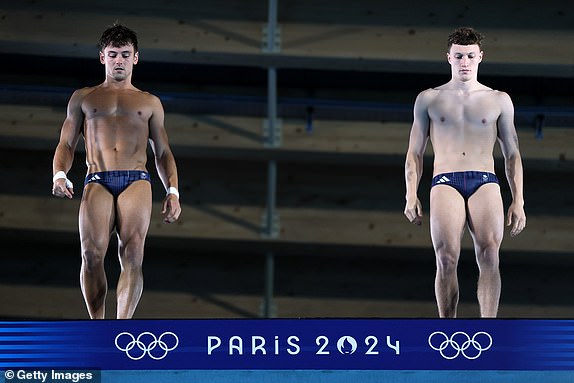 PARIS, FRANCE - JULY 23: Tom Daley and Noah Williams of Team A practice during a diving training session ahead of the Paris Olympic Games at the Aquatics Centre on July 23, 2024 in Paris, France. (Photo by Clive Rose/Getty Images)