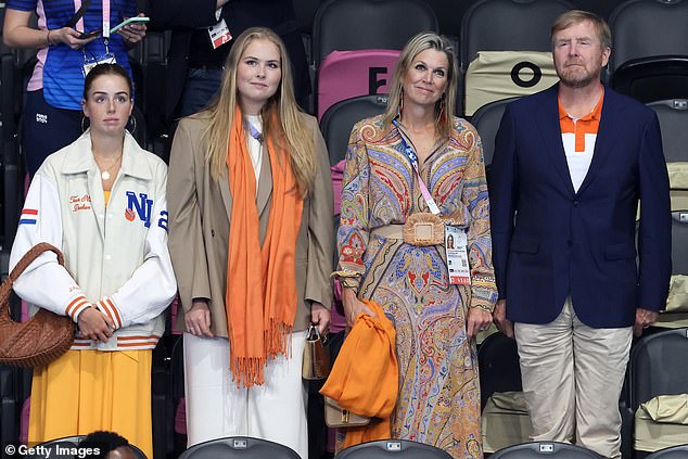 The Dutch Royal Family (except 17-year-old Princess Ariane) attends the evening swimming session on the second day of the Olympic Games (pictured left: Alexia, Princess of the Netherlands; Catharina-Amalia, Princess of Orange; Maxima, Queen of the Netherlands; and Willem-Alexander, King of the Netherlands)