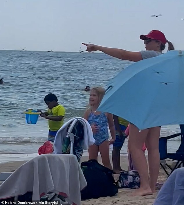 A beachgoer points to a swarm of dragonflies flying over the beach on Saturday afternoon