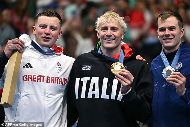 (L-R) Silver medalist Adam Peaty of Great Britain, gold medalist Nicolo Martinenghi of Italy and silver medalist Nic Fink of the USA